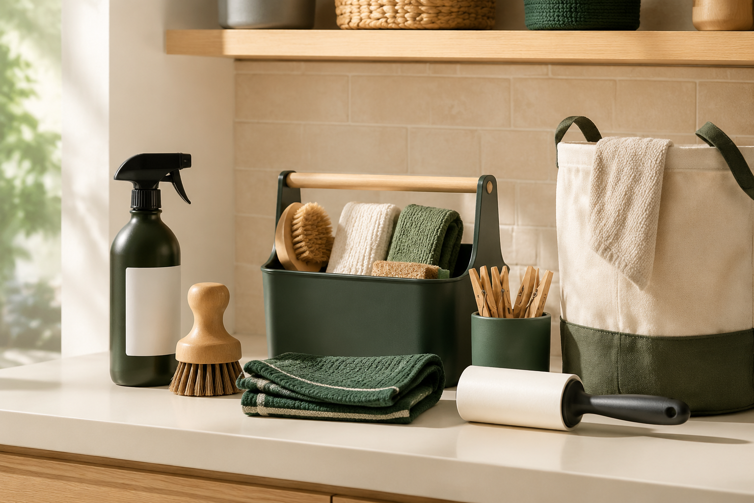 Cleaning and storage essentials arranged in warm sunlight